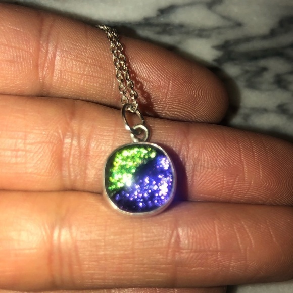 vtg Sterling Silver Chain Metallic Green Purple Dichroic Art Glass Pendant 18” - Picture 4 of 7